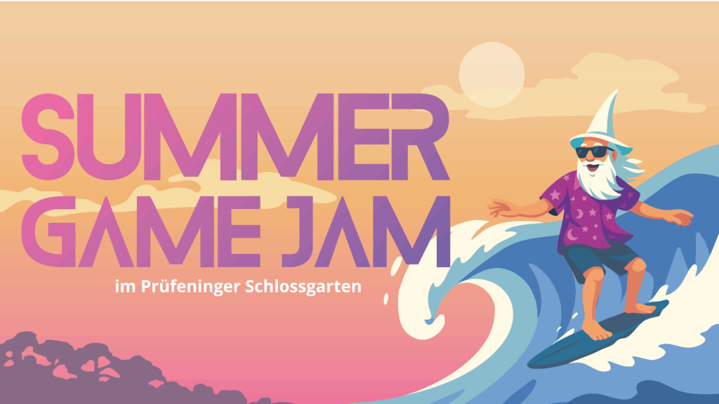 Summer Game Jam Banner with surfing wizard
